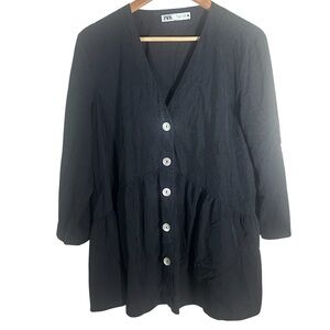 Zara Black Button Down Baby Doll Long Sleeve Top Size Large